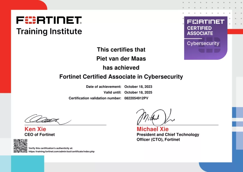 The Fortinet Certified Associate in Cybersecurity certification validates that the earner can run high-level operations on a FortiGate device. The curriculum covers the fundamentals of operating the most common FortiGate features.